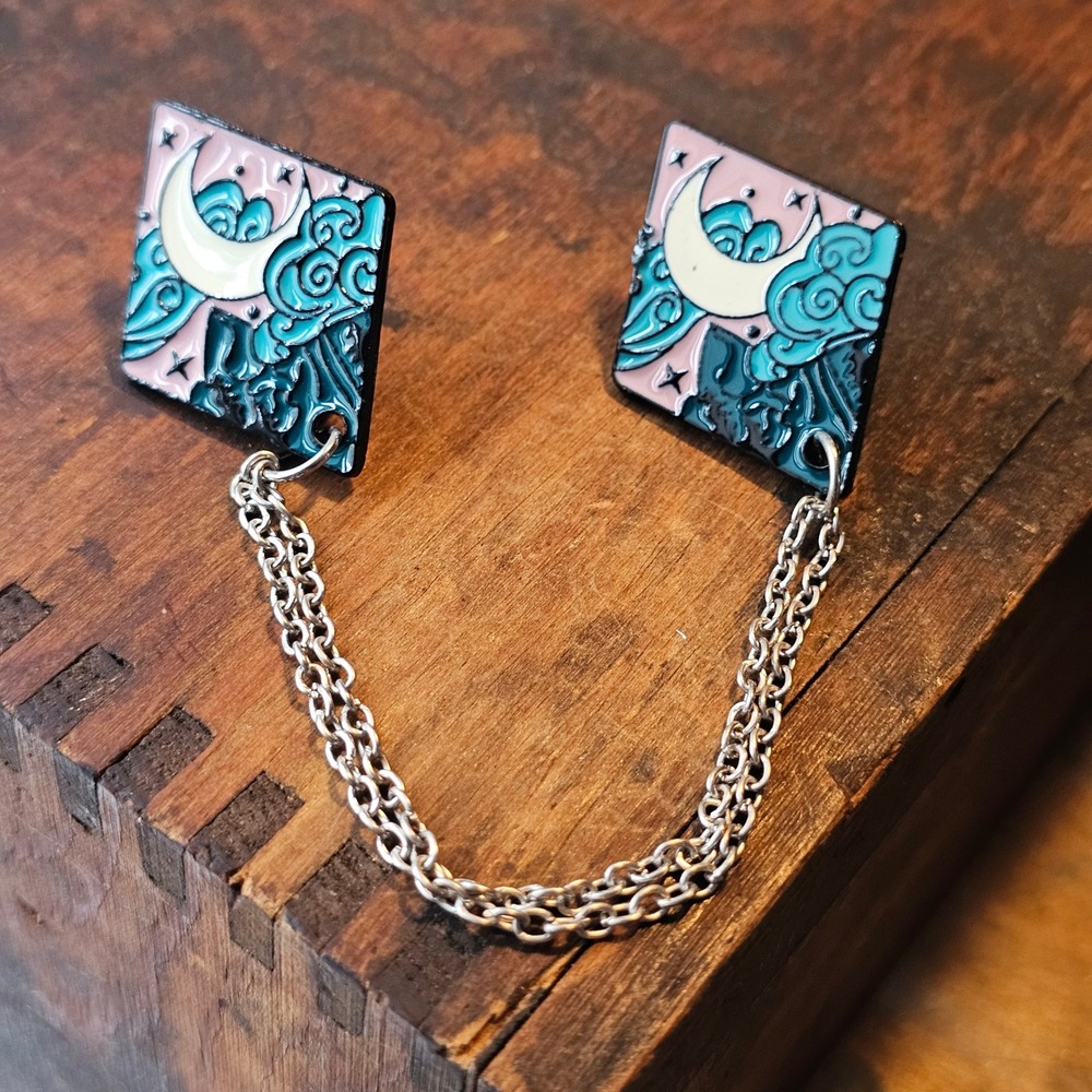 Blue Moon and Stars Collar Pin Unisex OS  Enamel Double Brooch Chain